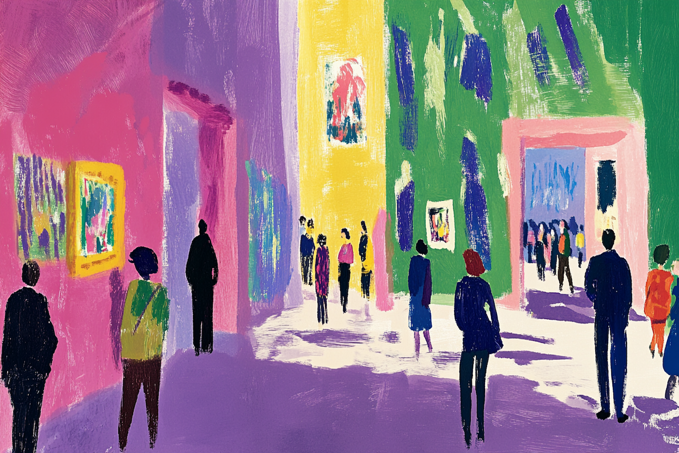 Lively art gallery scene inspired by Matisse, Hockney and Holcroft – vibrant 4K illustration for Samsung Frame TV