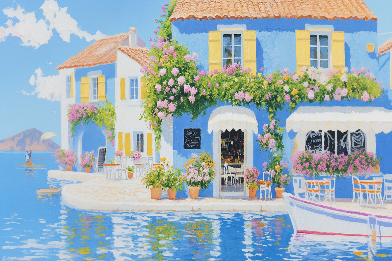 Dreamy Greek island café scene with pastel hues – 4K digital artwork for Samsung Frame TV