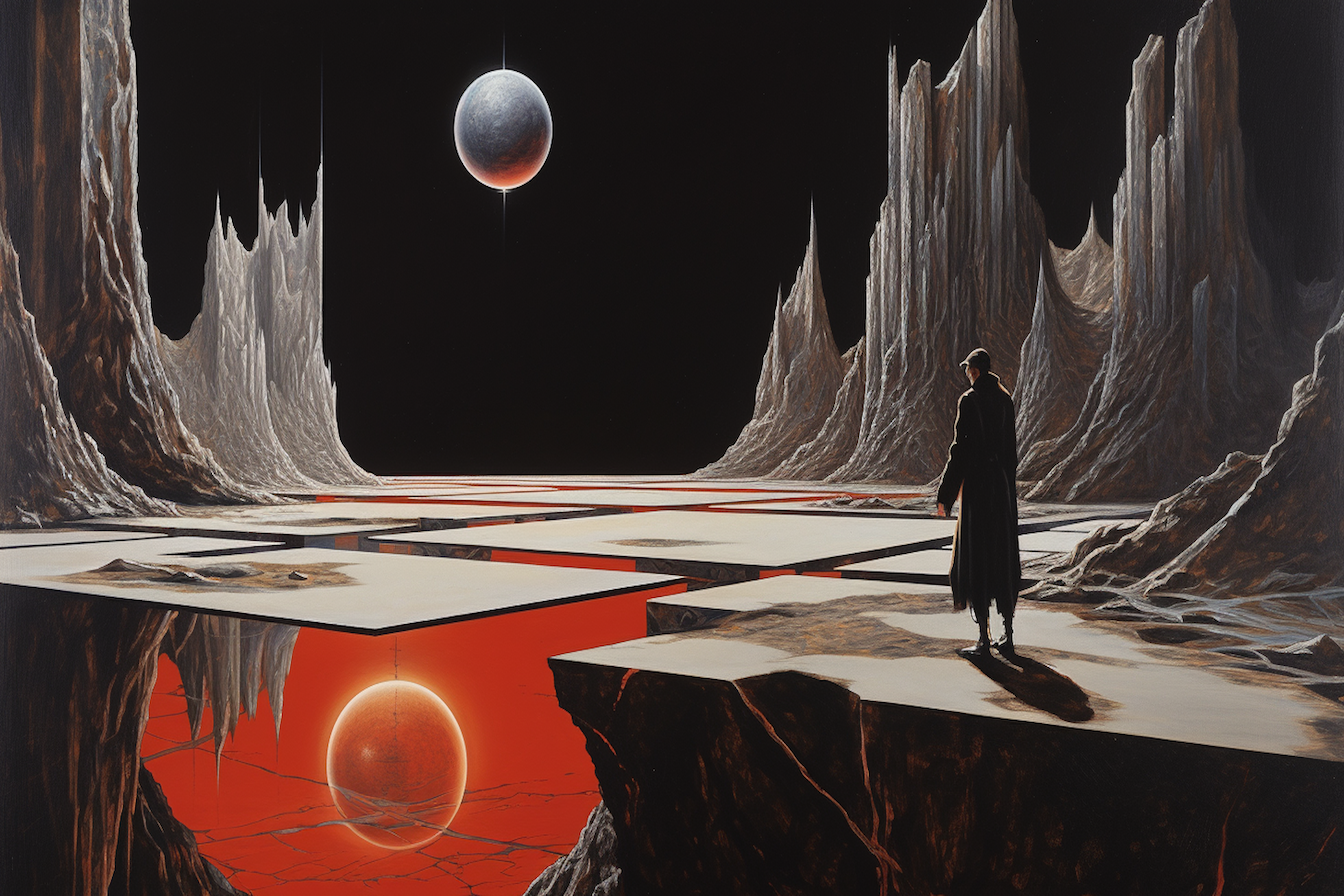 Surreal sci-fi landscape with alien terrain and celestial eclipse – cosmic digital artwork for Samsung Frame TV
