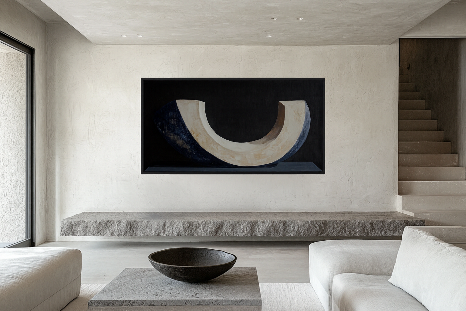 Elegant living room featuring Samsung Frame TV displaying museum-quality digital artwork
