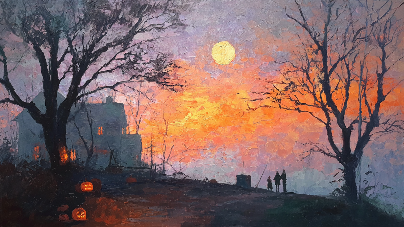 Halloween twilight scene featuring glowing jack-o'-lanterns, silhouetted figures on country path, bare trees, and dramatic purple-to-orange sunset sky