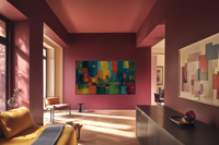 Abstract Cityscape Water Reflection displayed on Samsung Frame TV - 4K digital download featuring urban color bands with mirror-like water reflections in jewel tones