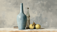 Classic kitchen still life with blue ceramic bottle, glass vessels and golden pears on neutral background – digital art for Samsung Frame TV