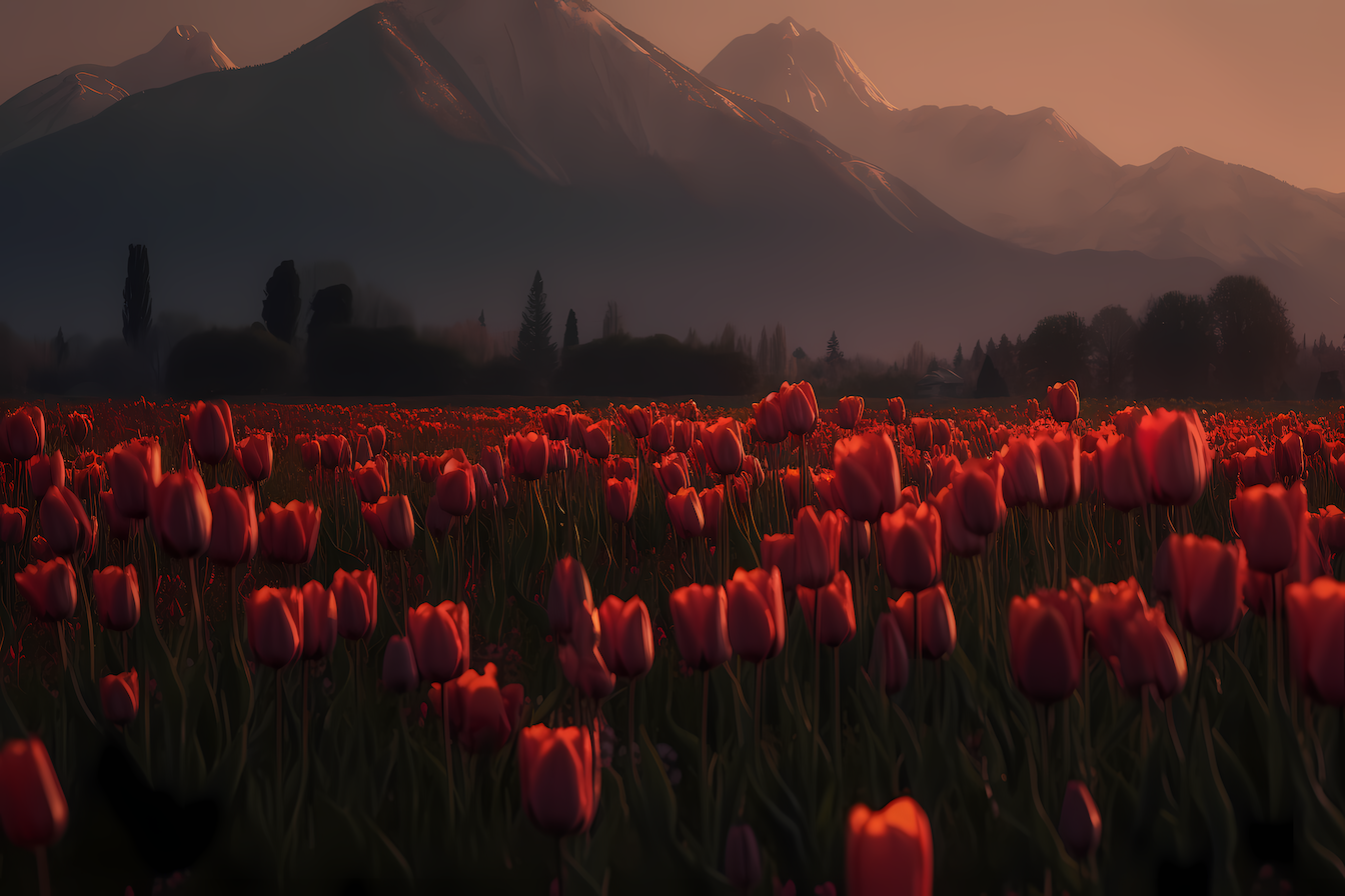 Majestic tulip field glowing at dusk - digital artwork for Samsung Frame TV