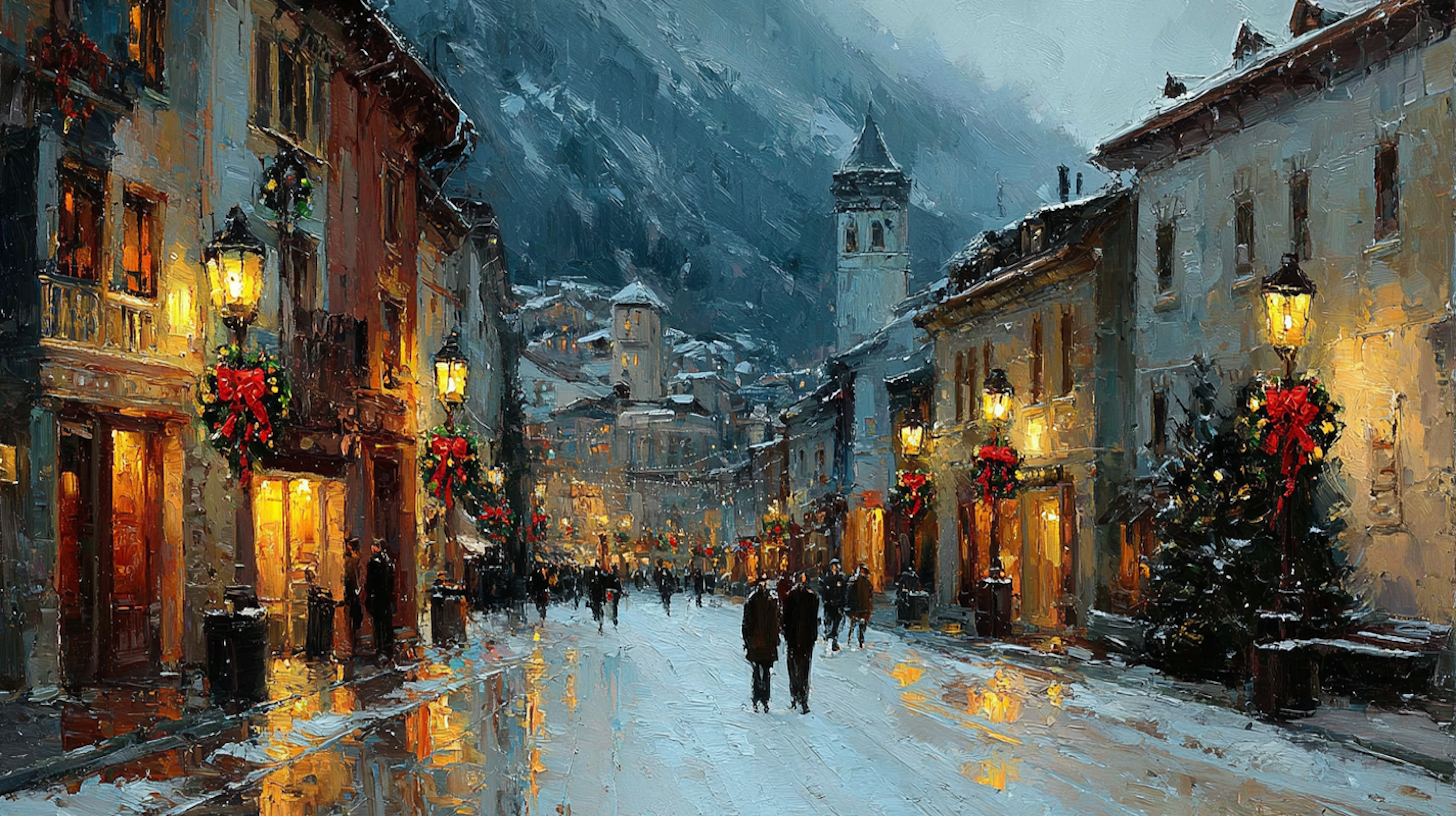 Alpine Noel impressionist Christmas village art for Samsung Frame TV - free 4K digital download featuring snowy European street with glowing amber lanterns, red holiday wreaths, and misty Alpine mountains
