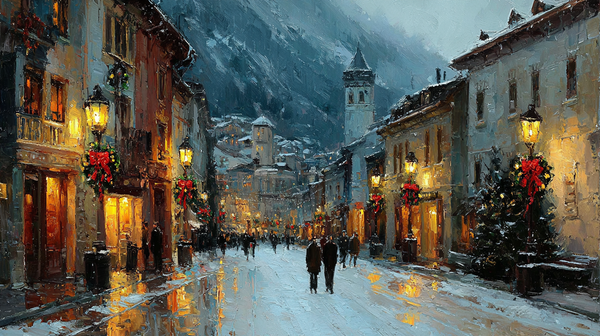 Alpine Noel impressionist Christmas village art for Samsung Frame TV - free 4K digital download featuring snowy European street with glowing amber lanterns, red holiday wreaths, and misty Alpine mountains

