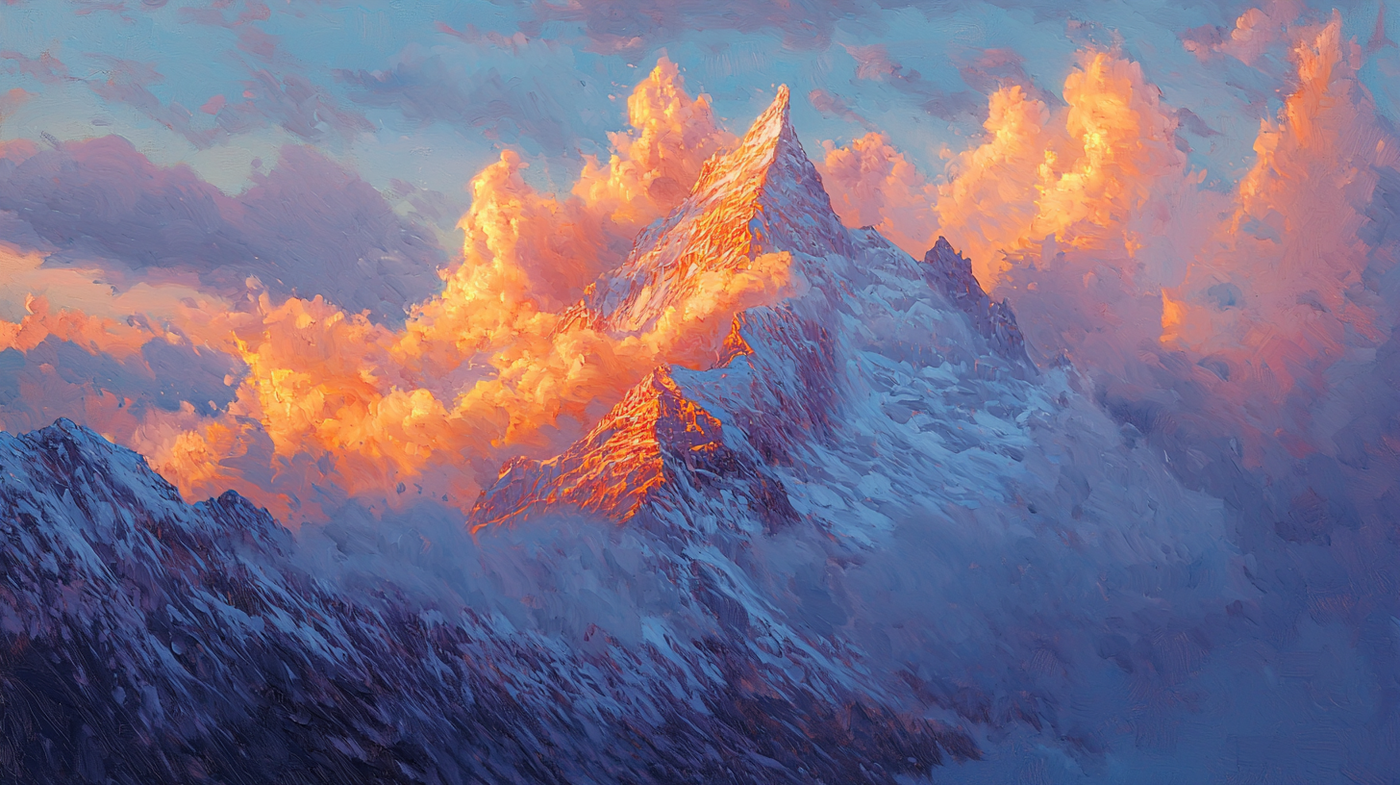 Dramatic alpine mountain peak with golden sunrise clouds and alpenglow effect – digital art for Samsung Frame TV
