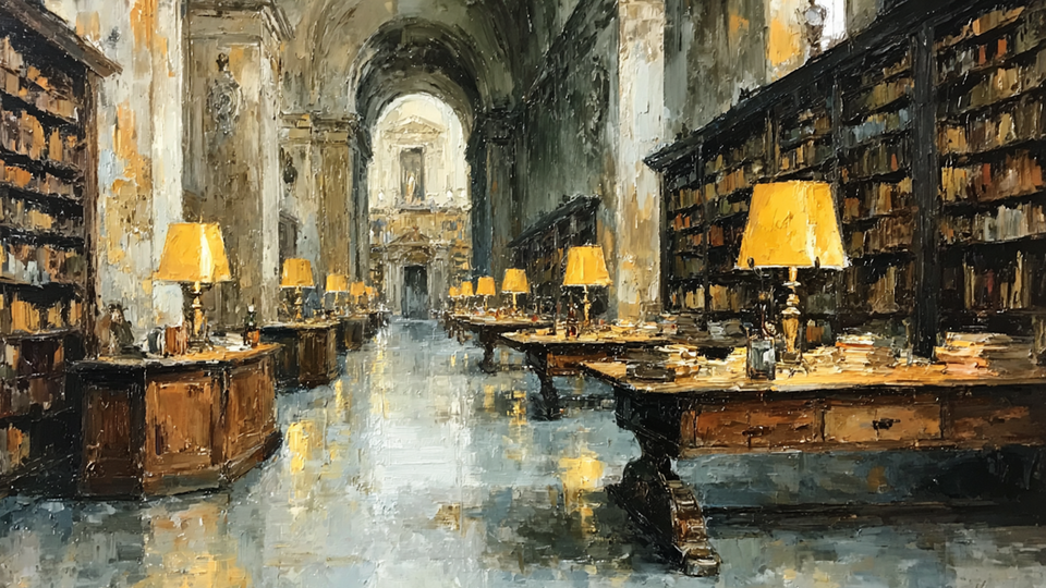 Amber Archives moody atmospheric library displayed on Samsung Frame TV - 4K digital download featuring towering bookshelves in rich amber and terracotta golden light