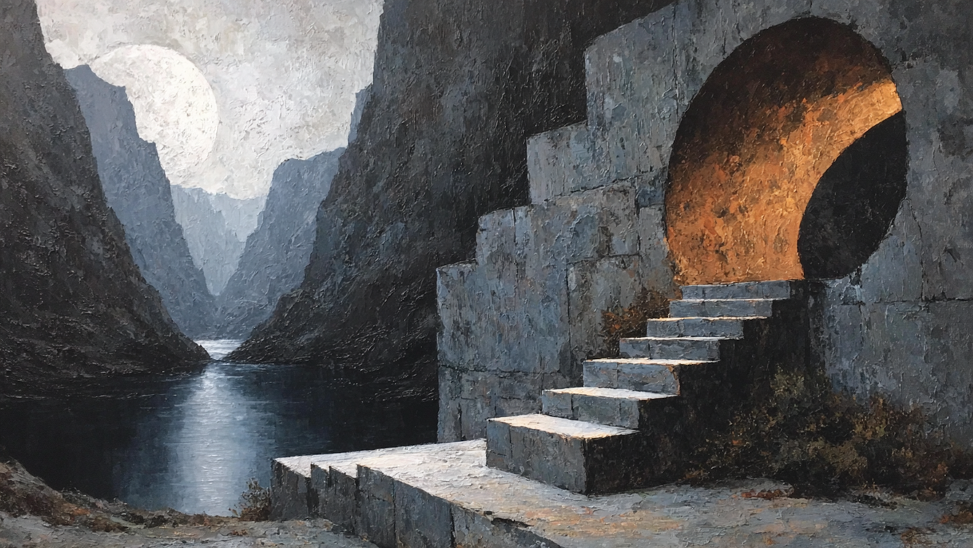 Amber Ascent surreal architecture art on Samsung Frame TV - 4K digital download featuring glowing amber portal and monolithic stone structures with terracotta lighting