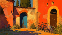 Amber Courtyard Abandoned Bikes urban scene on Samsung Frame TV - 4K digital download featuring vintage bicycles in warm terracotta and ochre courtyard light