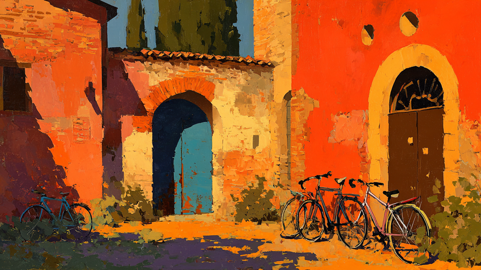 Amber Courtyard Abandoned Bikes urban scene on Samsung Frame TV - 4K digital download featuring vintage bicycles in warm terracotta and ochre courtyard light
