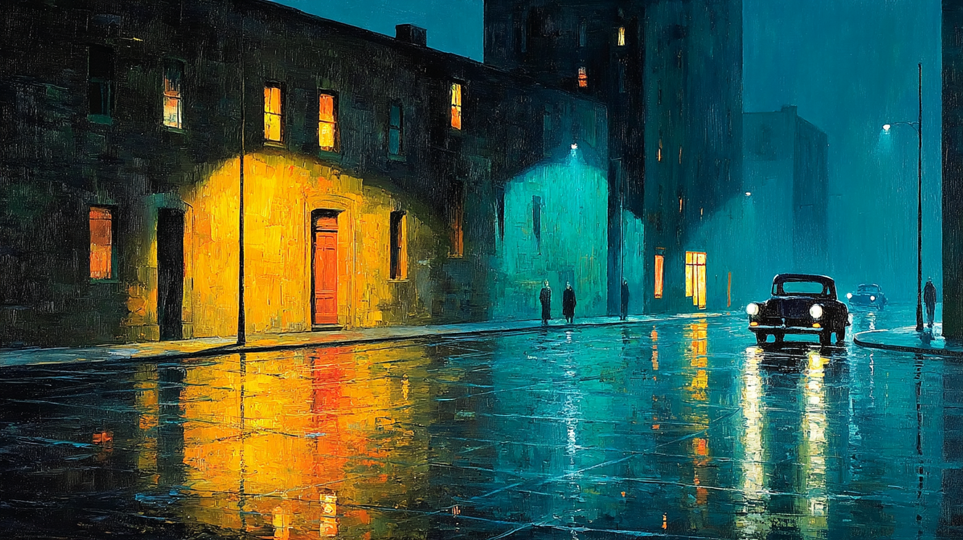 Atmospheric rainy street scene with golden window light reflecting on wet pavement and vintage car at night – digital art for Samsung Frame TV