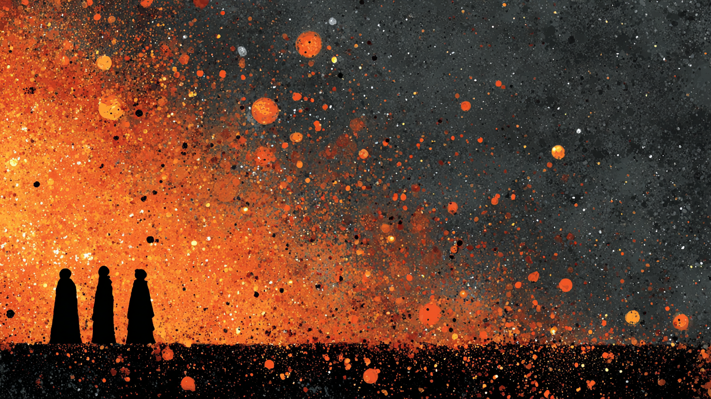 High contrast street scene with amber backlit silhouettes and glowing particles in cinematic urban setting – digital art for Samsung Frame TV