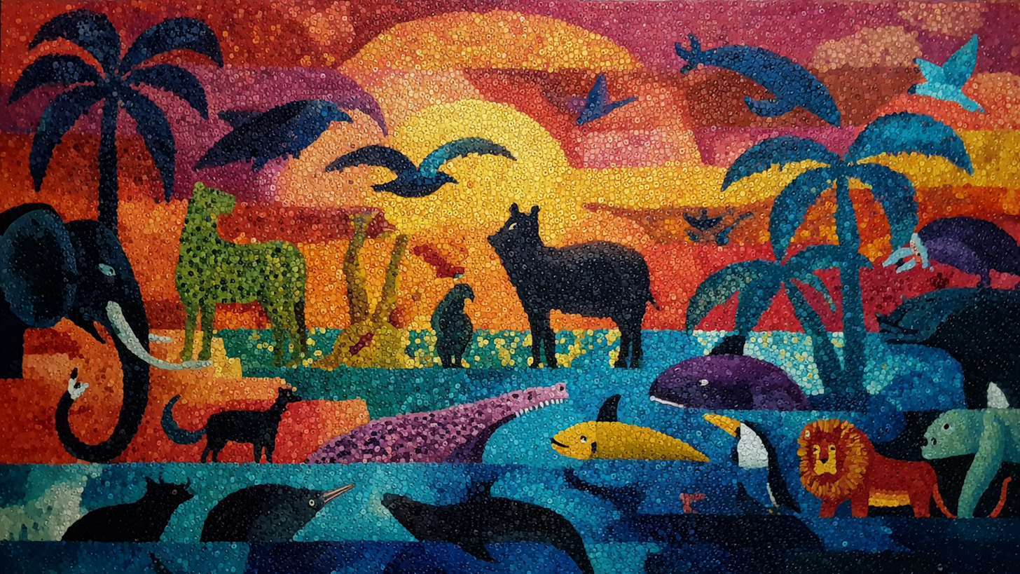 Animal Sunset Adventure kids art on Samsung Frame TV - 4K download featuring prehistoric Animals in dramatic orange and purple sunset landscape