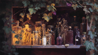 Vintage apothecary still life with amber bottles and dried botanicals in moody twilight lighting – digital art for Samsung Frame TV