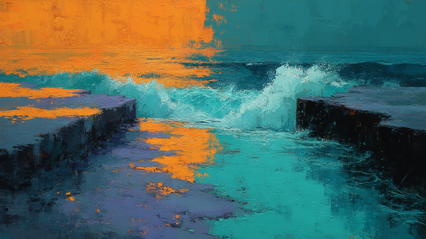 Bold abstract landscape painting with flowing turquoise river through orange and coral terrain, dynamic brushstrokes creating movement