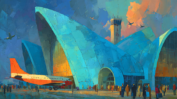 Art Deco Airport Terminal travel scene on Samsung Frame TV - 4K digital download featuring vintage aviation architecture in cerulean blue and steel gray tones