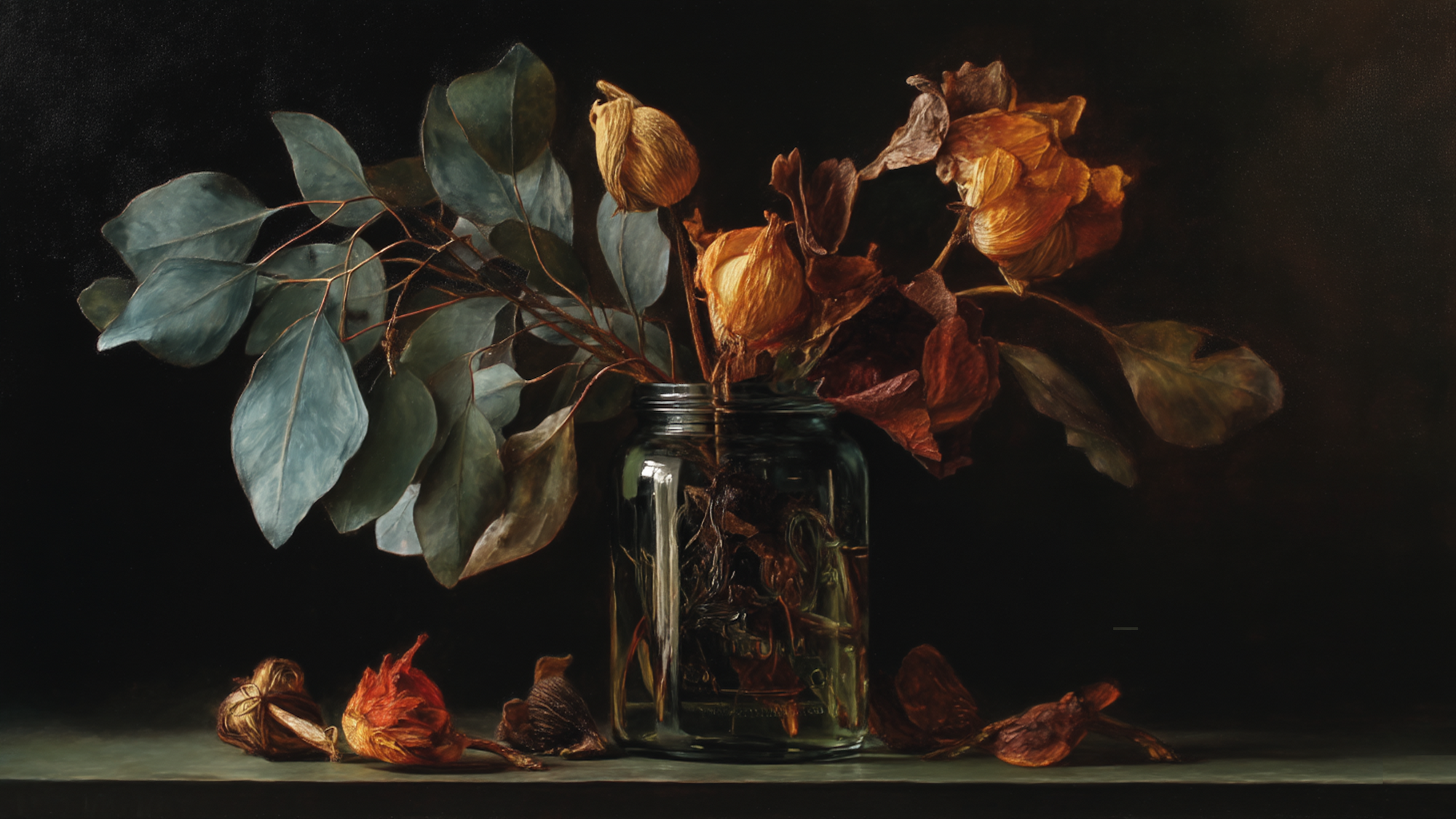 Sophisticated dried flower arrangement with golden autumn leaves and blue blooms on dark background – digital art for Samsung Frame TV