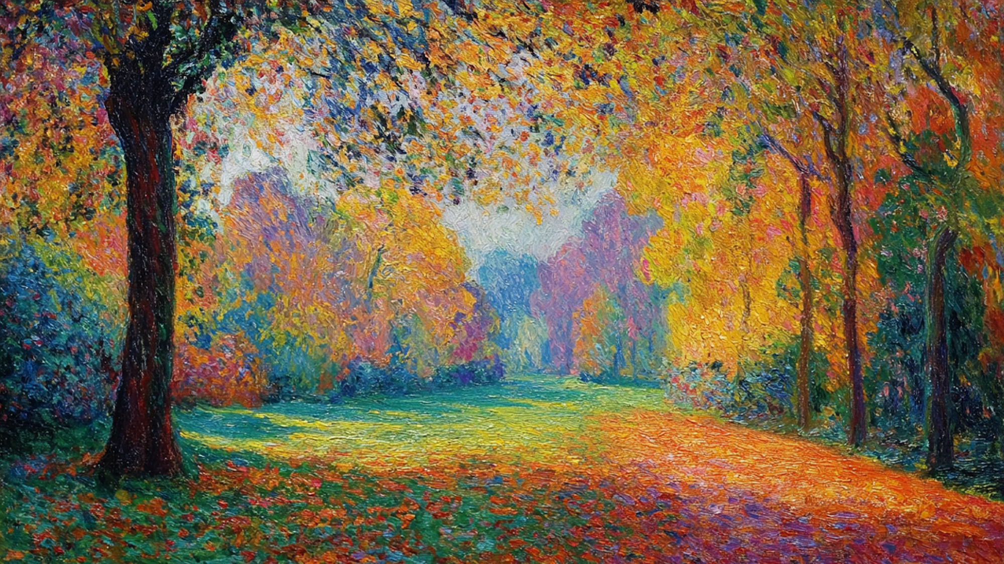Autumn Canopy Radiance luminous tree-lined path displayed on Samsung Frame TV - 4K digital download featuring radiant golden-orange autumn trees creating glowing archway overhead with brilliant saturated fall colors