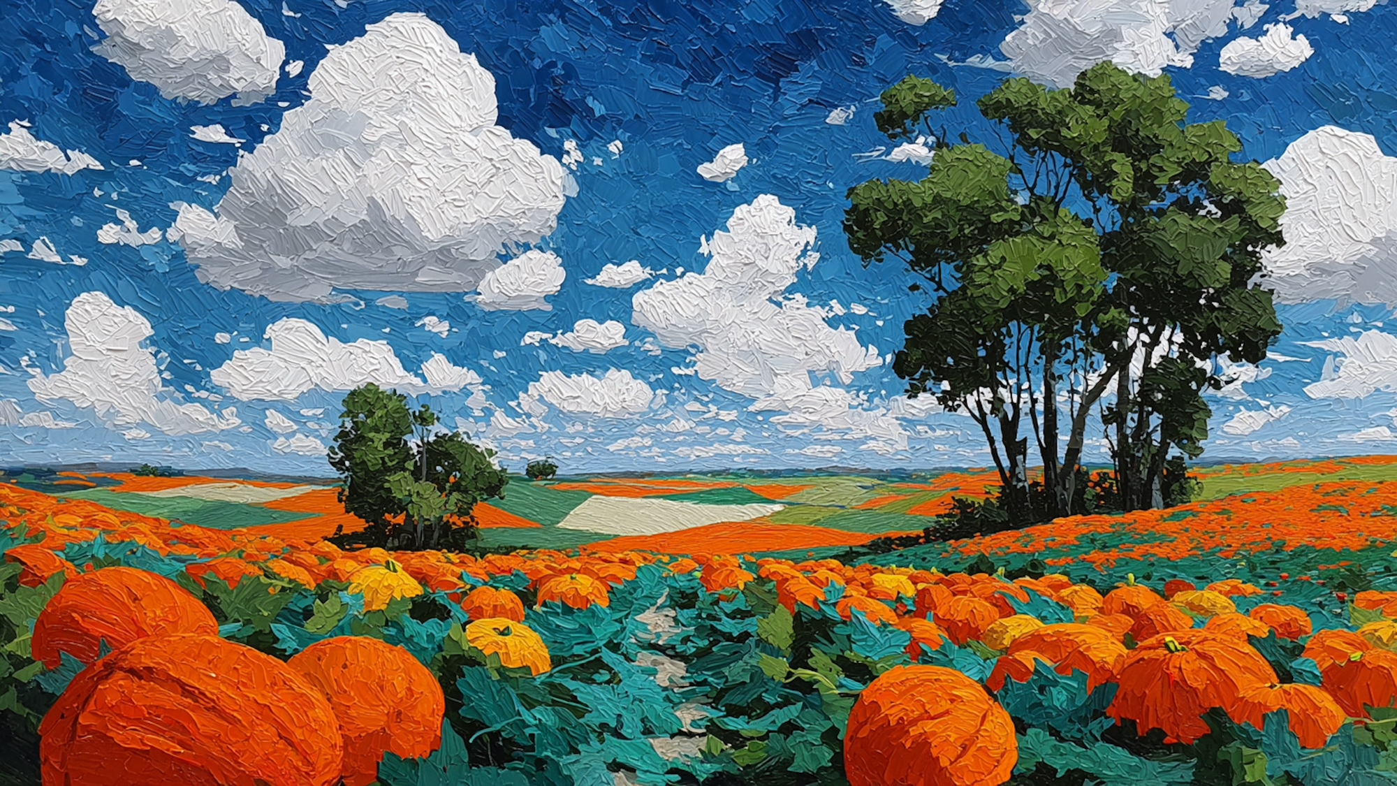 Autumn Field Celebration dramatic agricultural landscape displayed on Frame TV - 4K digital download featuring vibrant orange and amber harvest fields with dramatic white cumulus clouds against deep blue sky