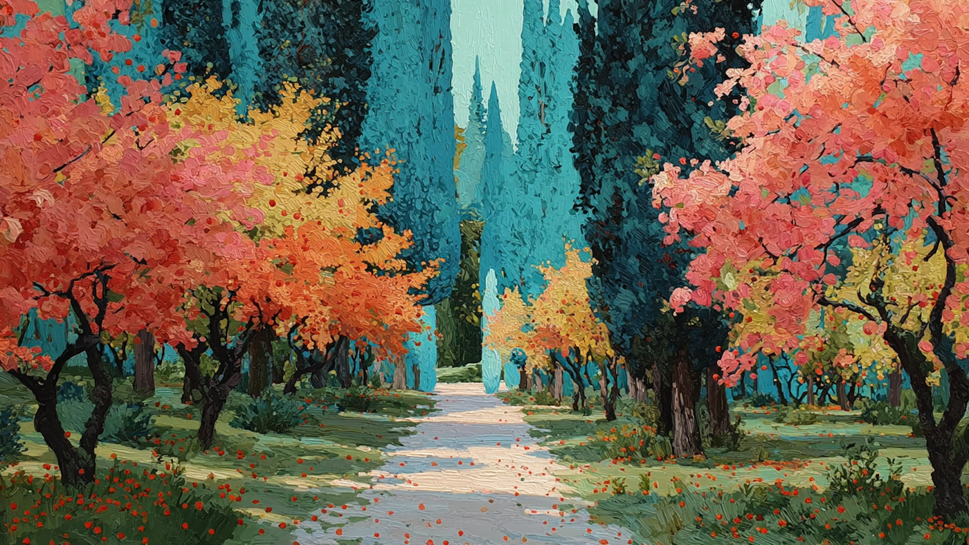 Autumn Park Reverie landscape displayed on Samsung Frame TV - 4K digital download featuring warm coral and burnt orange autumn trees lining park pathway with turquoise background creating peaceful morning atmosphere