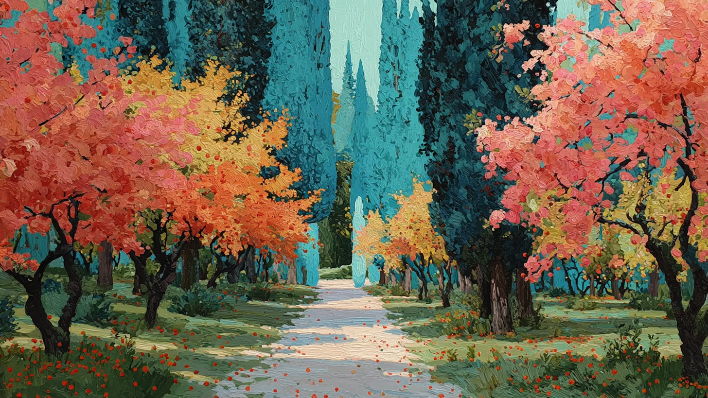 Autumn Park Reverie landscape displayed on Samsung Frame TV - 4K digital download featuring warm coral and burnt orange autumn trees lining park pathway with turquoise background creating peaceful morning atmosphere