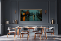 Autumn Rain Walker street scene digital art displayed on Samsung Frame TV - 4K download featuring lone figure on wet pavement with deep teal and amber reflections