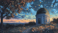 Autumn observatory with golden leaves dancing among stars and constellations in twilight sky – digital art for Samsung Frame TV