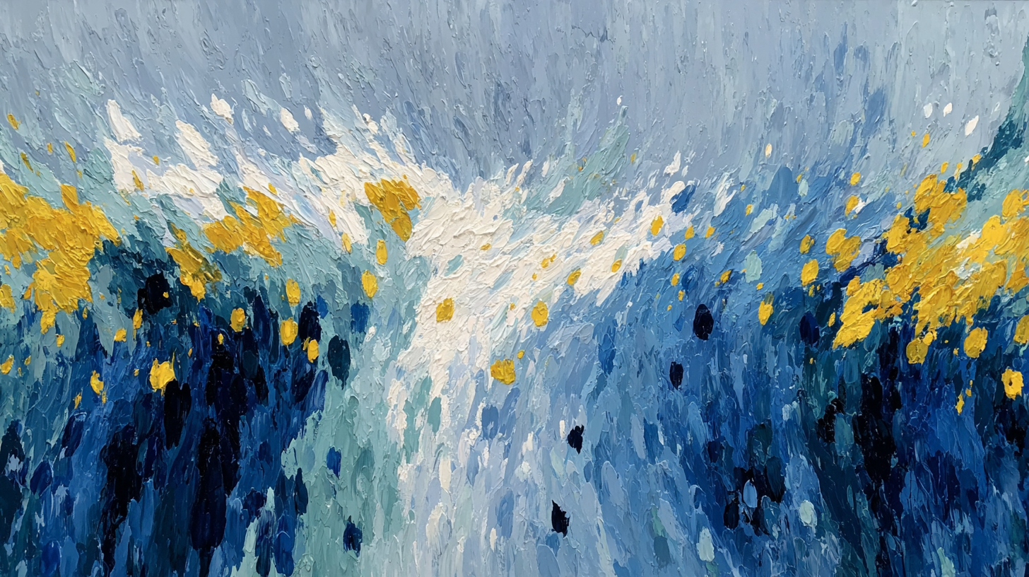 Abstract expressionist composition with dynamic azure brushstrokes and white flowing movement in gestural artistic style – digital art for Samsung Frame TV