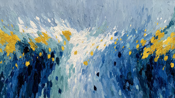 Abstract expressionist composition with dynamic azure brushstrokes and white flowing movement in gestural artistic style – digital art for Samsung Frame TV