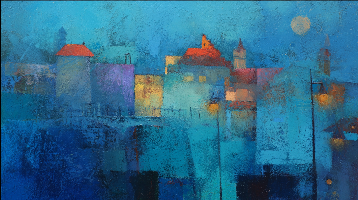 Abstract geometric cityscape with blue architectural forms and coral accents in contemporary urban style – digital art for Samsung Frame TV