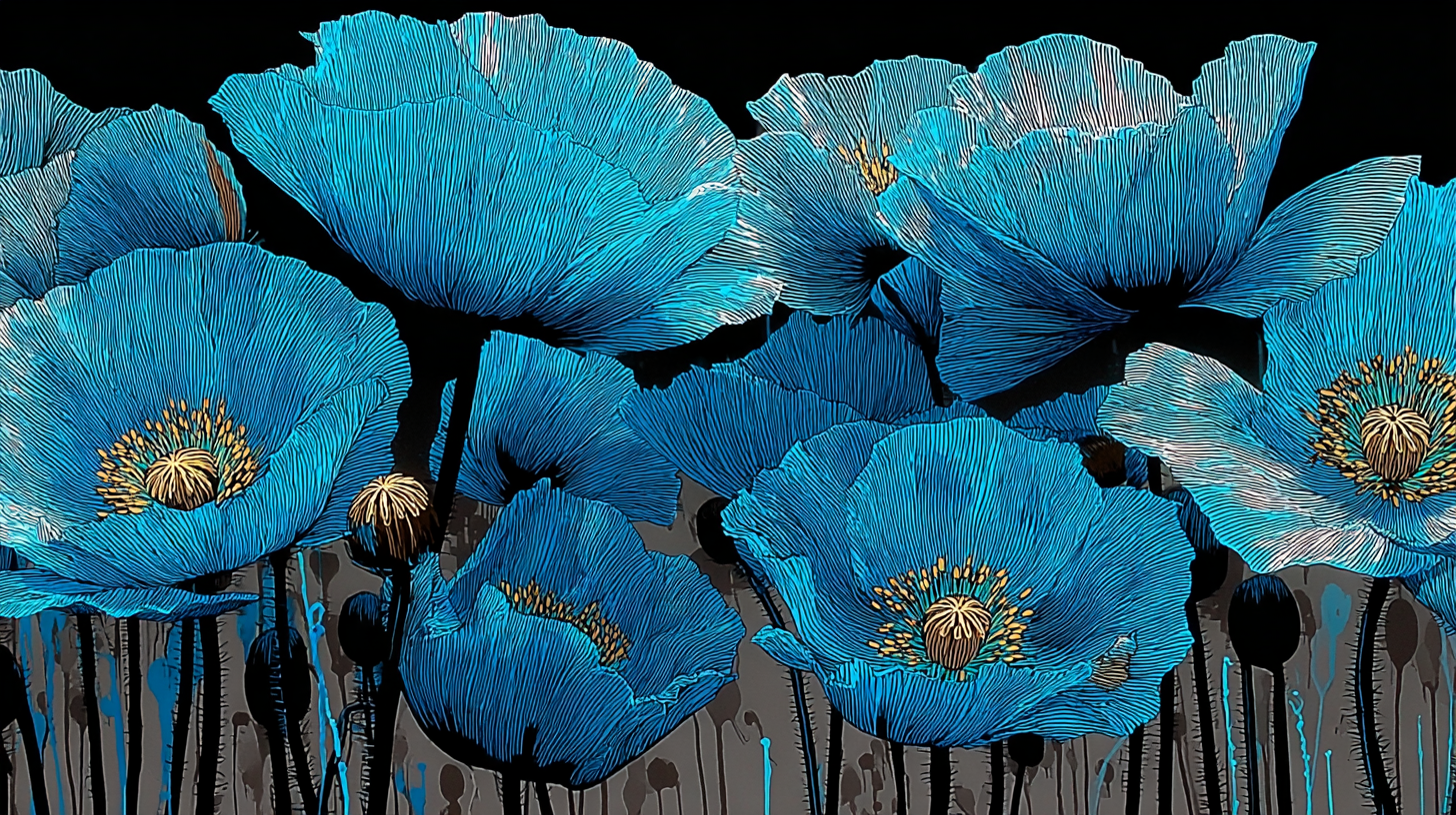 Stylized blue poppies with detailed line work against black background in contemporary graphic style – digital art for Samsung Frame TV