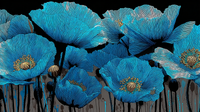 Stylized blue poppies with detailed line work against black background in contemporary graphic style – digital art for Samsung Frame TV