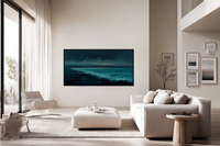 Azure Surge ocean wave art displayed on Samsung Frame TV - 4K digital download featuring turquoise and teal crashing waves with dramatic blue-gray storm sky