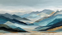 Layered blue mountain landscape with transparent overlapping forms creating depth and professional serenity – digital art for Samsung Frame TV