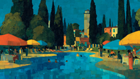 Backyard Pool Party displayed on Samsung Frame TV - 4K digital download featuring Hockney-inspired California scene in citrus and electric palette