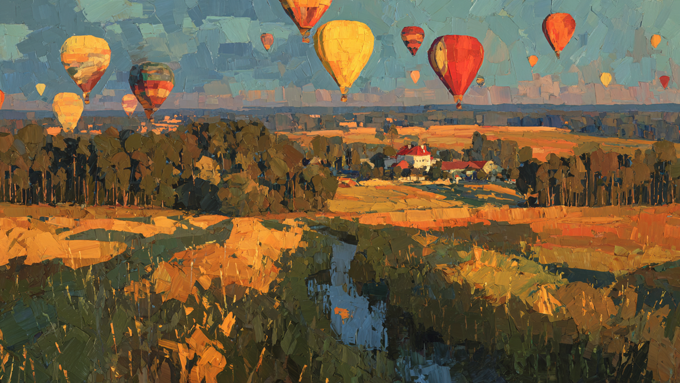 Balloons Ascending Golden Sunrise landscape on Samsung Frame TV - 4K digital download featuring hot air balloon fleet in warm amber and terracotta morning light