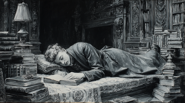 Between the Chapters displayed on Samsung Frame TV - 4K digital download featuring a young reader asleep over books by a carved fireplace