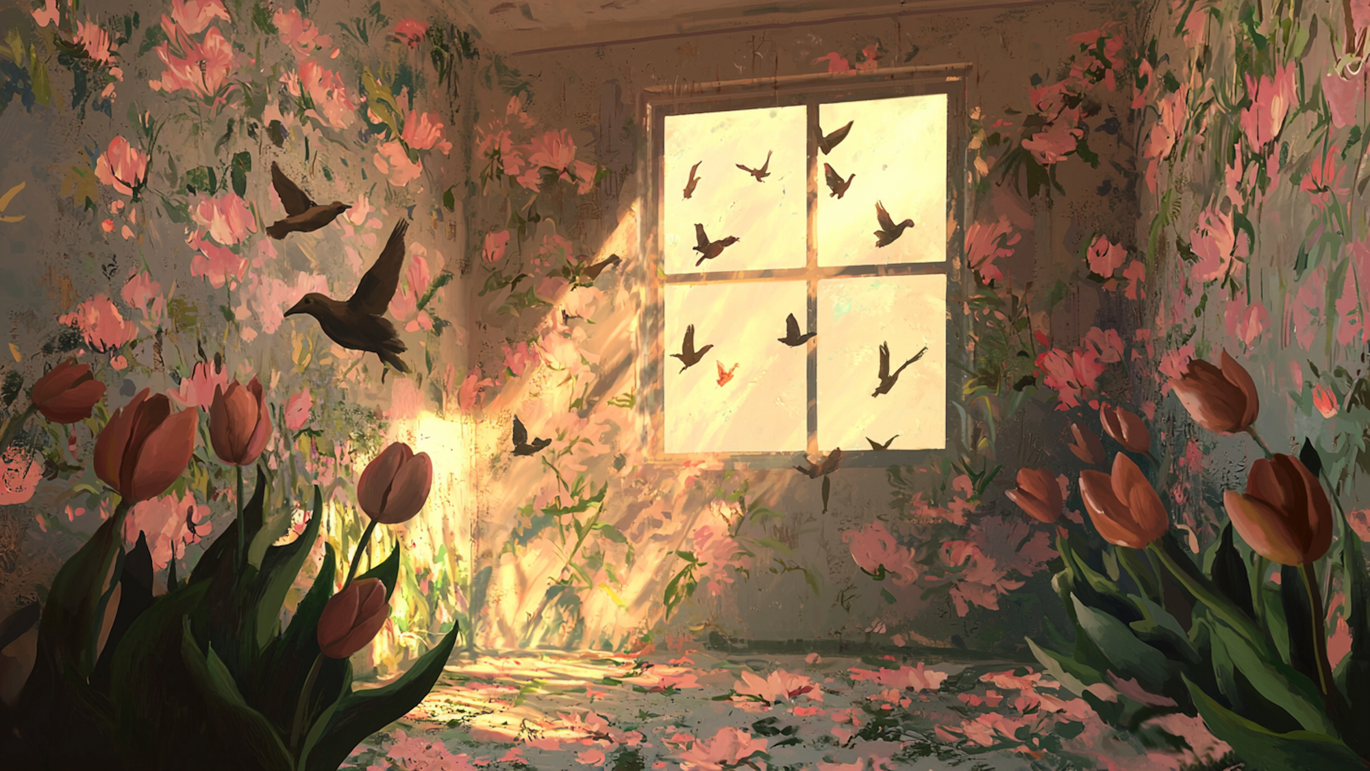 Romantic floral room with birds in flight, coral blooms and burgundy tulips in golden light – digital art for Samsung Frame TV