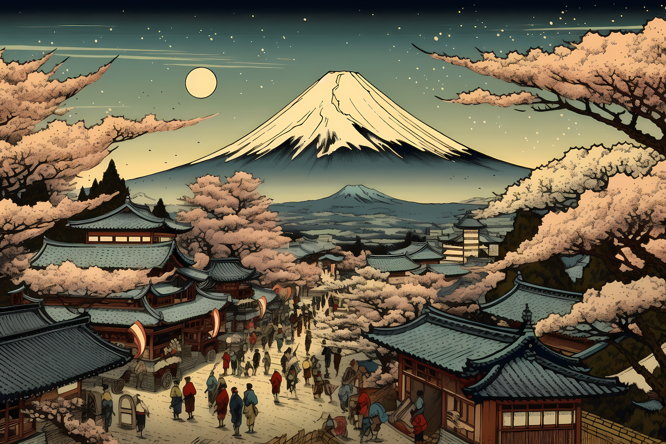 Traditional Japanese scene with cherry blossoms and Mount Fuji in serene Eastern style – digital artwork for Samsung Frame TV
