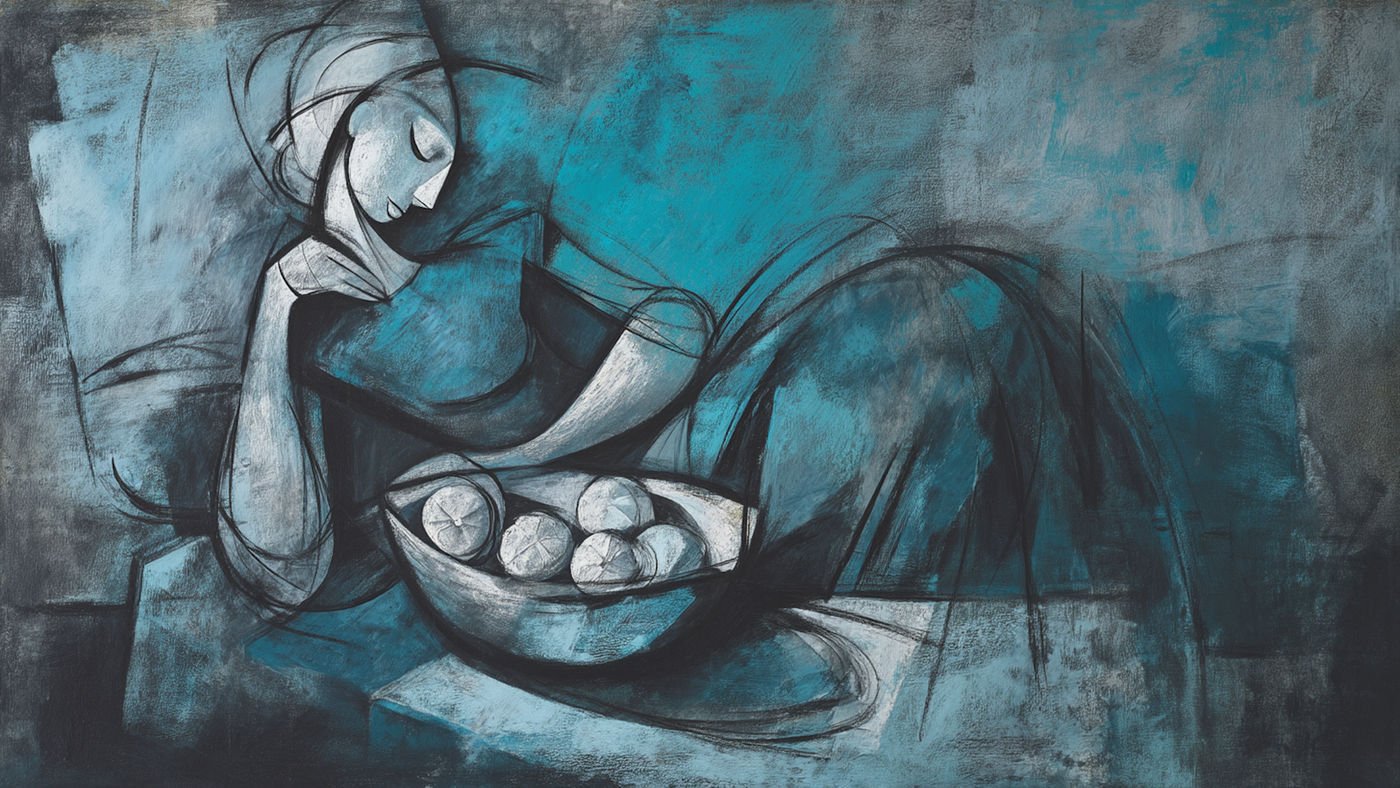 Abstract figure study in charcoal and blue wash showing seated contemplative human form – digital art for Samsung Frame TV