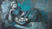 Abstract figure study in charcoal and blue wash showing seated contemplative human form – digital art for Samsung Frame TV