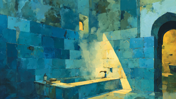 Blue Tile Hammam Interior architecture on Samsung Frame TV - 4K digital download featuring traditional bathhouse with cerulean tiles and warm doorway light