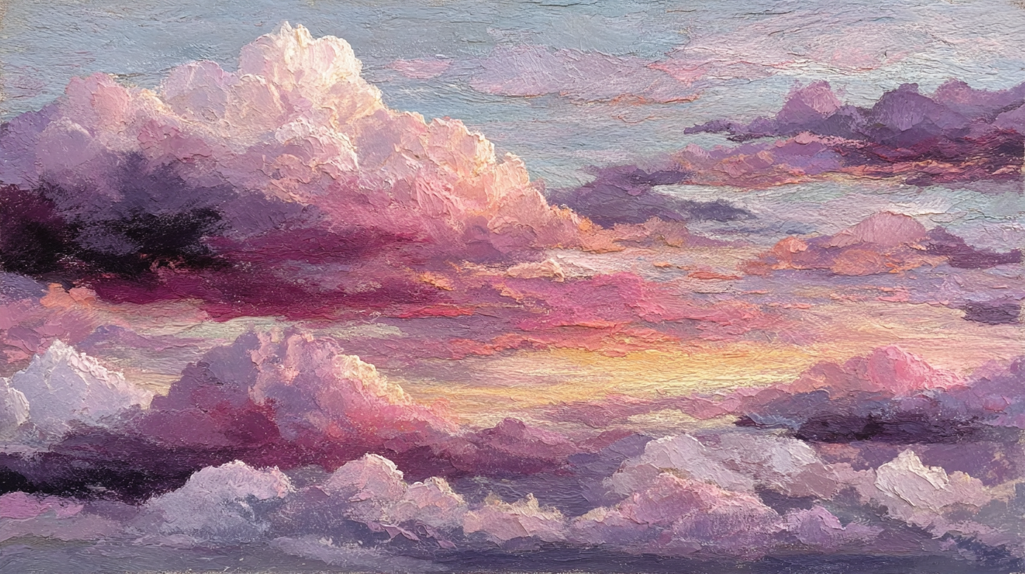 Soft impressionist cloudscape in romantic rose, lavender and cream tones with gentle impasto brushwork – digital art for Samsung Frame TV