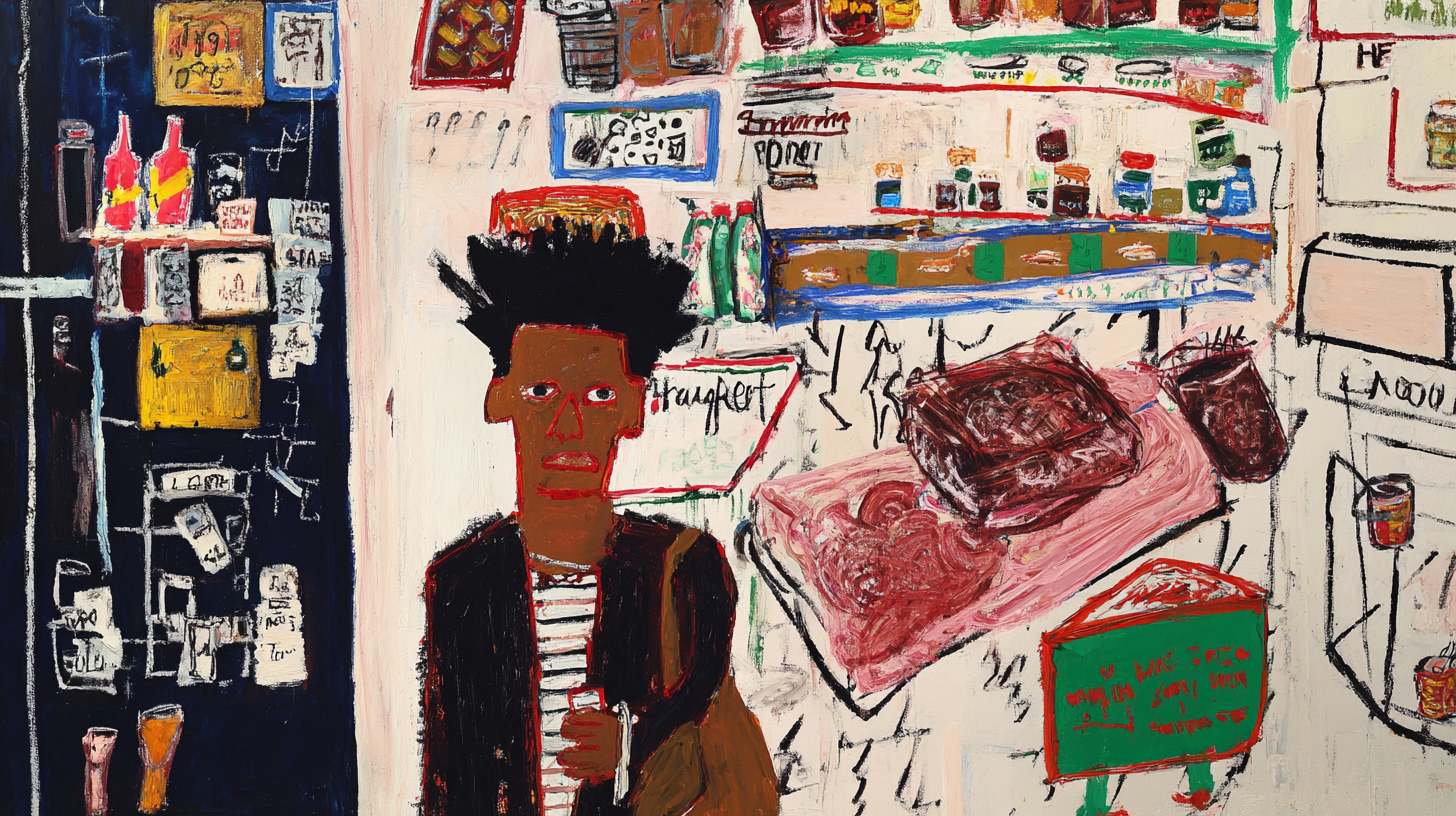 Bodega Stories street portrait artwork displayed on Samsung Frame TV showing person in store setting with warm amber and terracotta community atmosphere