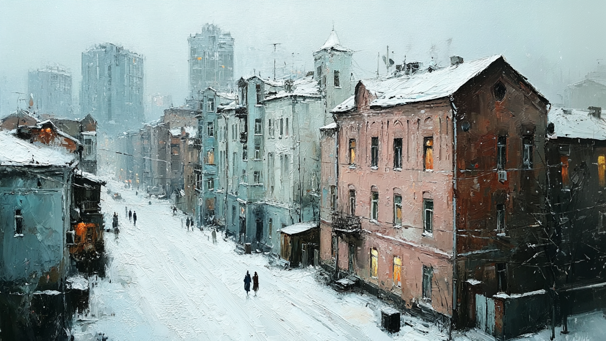 Brooklyn Heights Winter scene displayed on Samsung Frame TV - 4K digital download featuring historic brownstones with Manhattan skyline view through winter mist