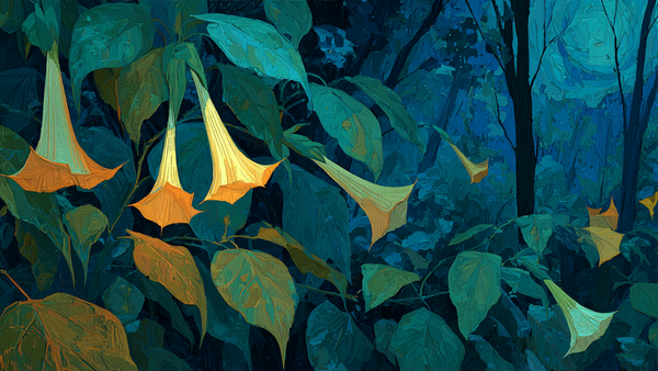 Brugmansia Golden Trumpet Glow floral art displayed on Samsung Frame TV - 4K digital download featuring luminous golden Angel's Trumpet flowers against dark background