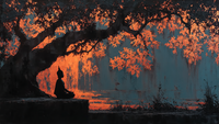 Bodhi Awakening Buddha meditation art displayed on Samsung Frame TV - 4K digital download featuring silhouette under Bodhi tree against amber and orange sunset sky