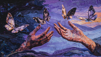 Abstract hands releasing butterflies in purple twilight transformation scene – digital art for Samsung Frame TV