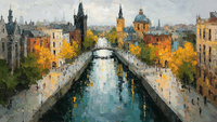 Canal Autumn Reverie European landscape displayed on Samsung Frame TV - 4K digital download featuring golden autumn trees reflecting in historic canal water with elegant bridges and classical architecture creating atmospheric romantic scene